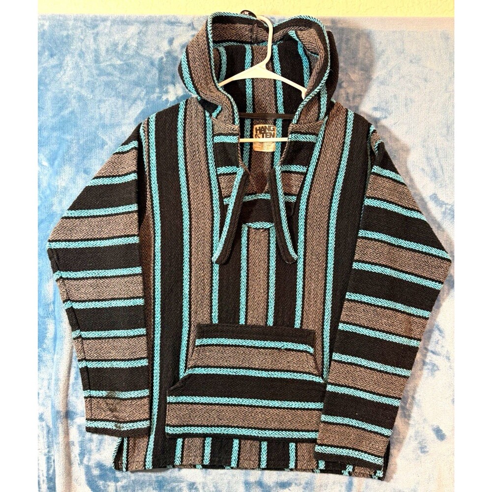 Hang Ten Mens Baja Hoodie Pullover Sweatshirt L Teal Black Gray Striped